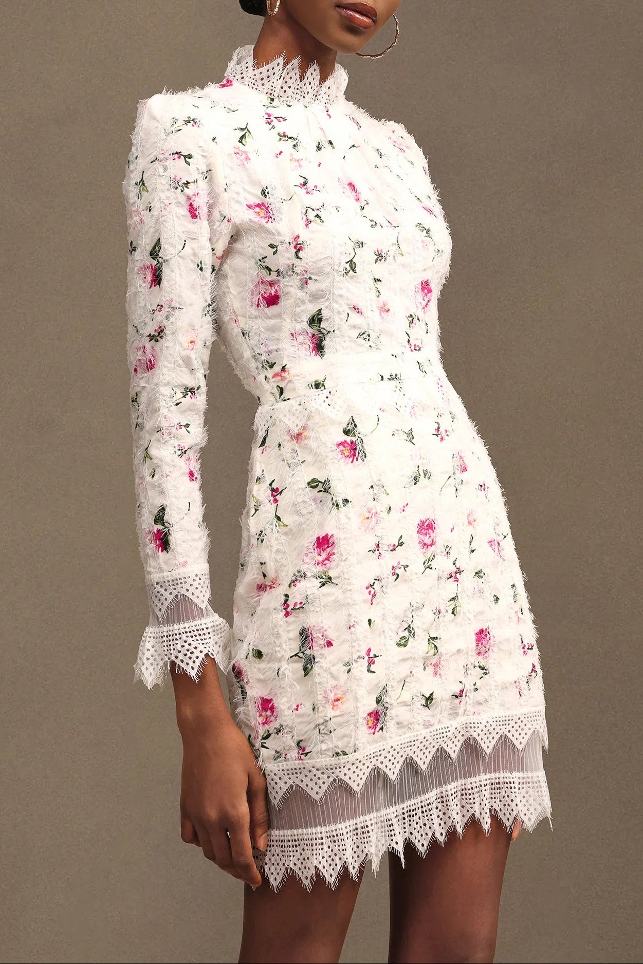 SEBASTIANE WHITE LACE-TRIM FLORAL MIDI DRESS