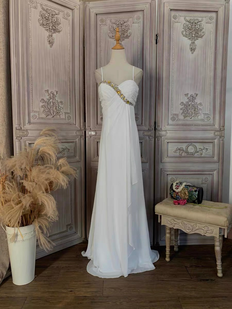 b896cbb629bf4cf606e166361d3b661b WHITE BEADED CHIFFON EMPIRE WAIST EVENING GOWN