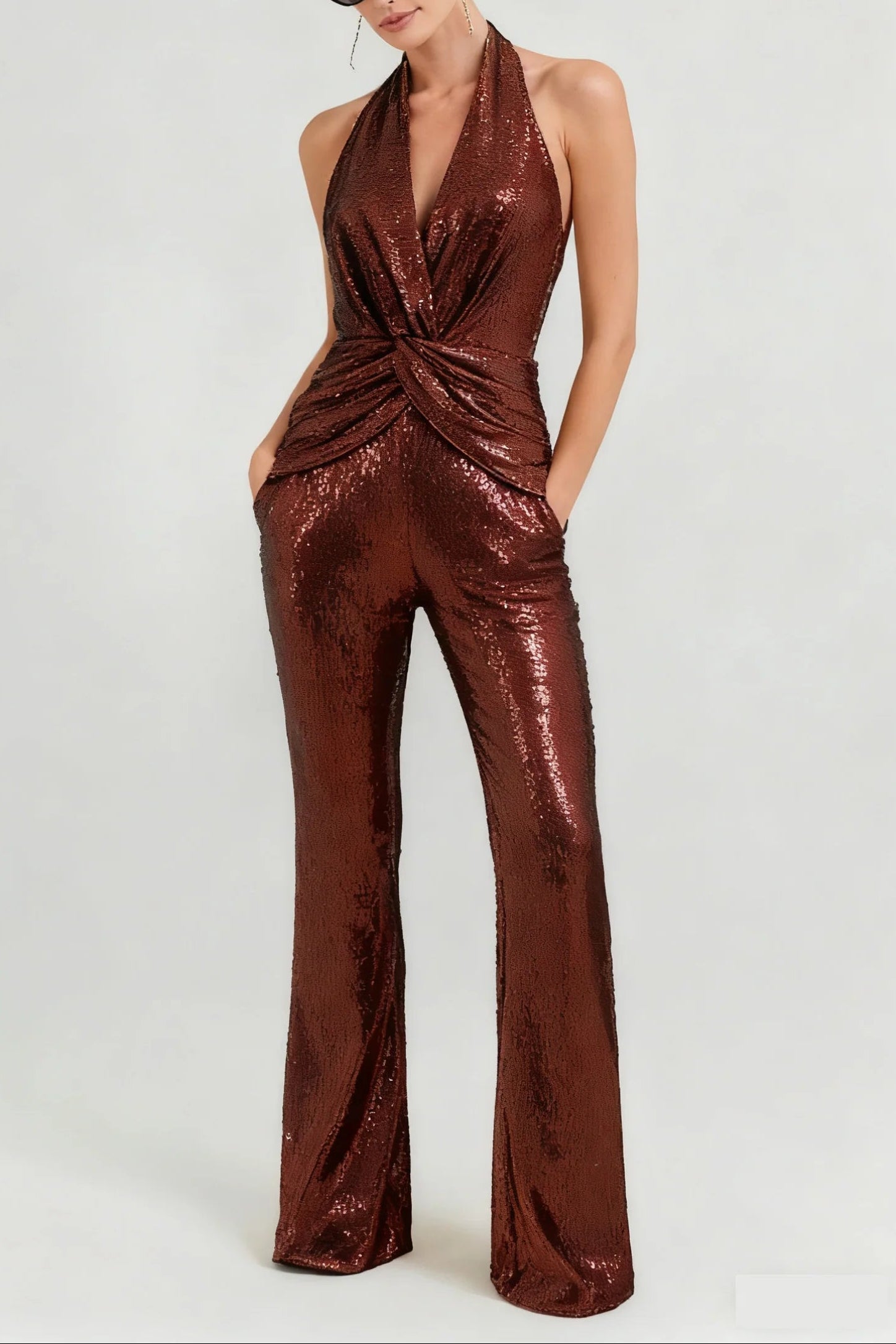NORA BROWN SEQUIN HALTER FLARED JUMPSUIT