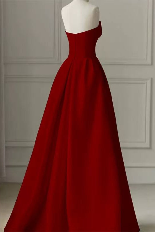 BURGUNDY SATIN ALINE SLEEVELESS LONG PROM DRESS