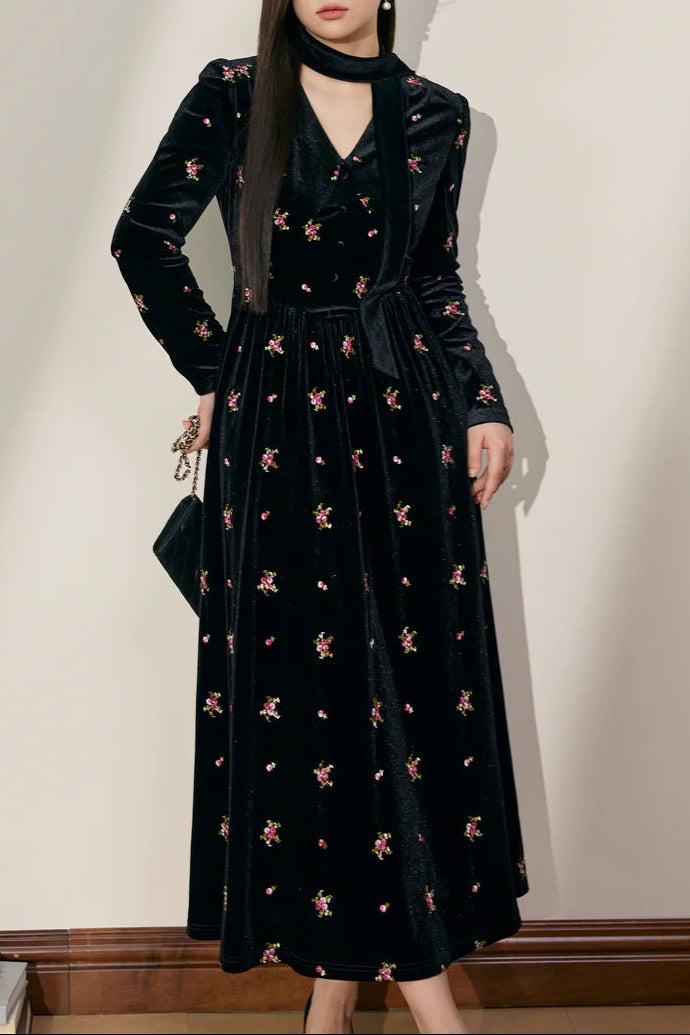 b908c9bc-8733-4698-8db0-e000c7e8f6b9 YURI V-NECK VELVET MAXI DRESS BLACK EMBROIDERED
