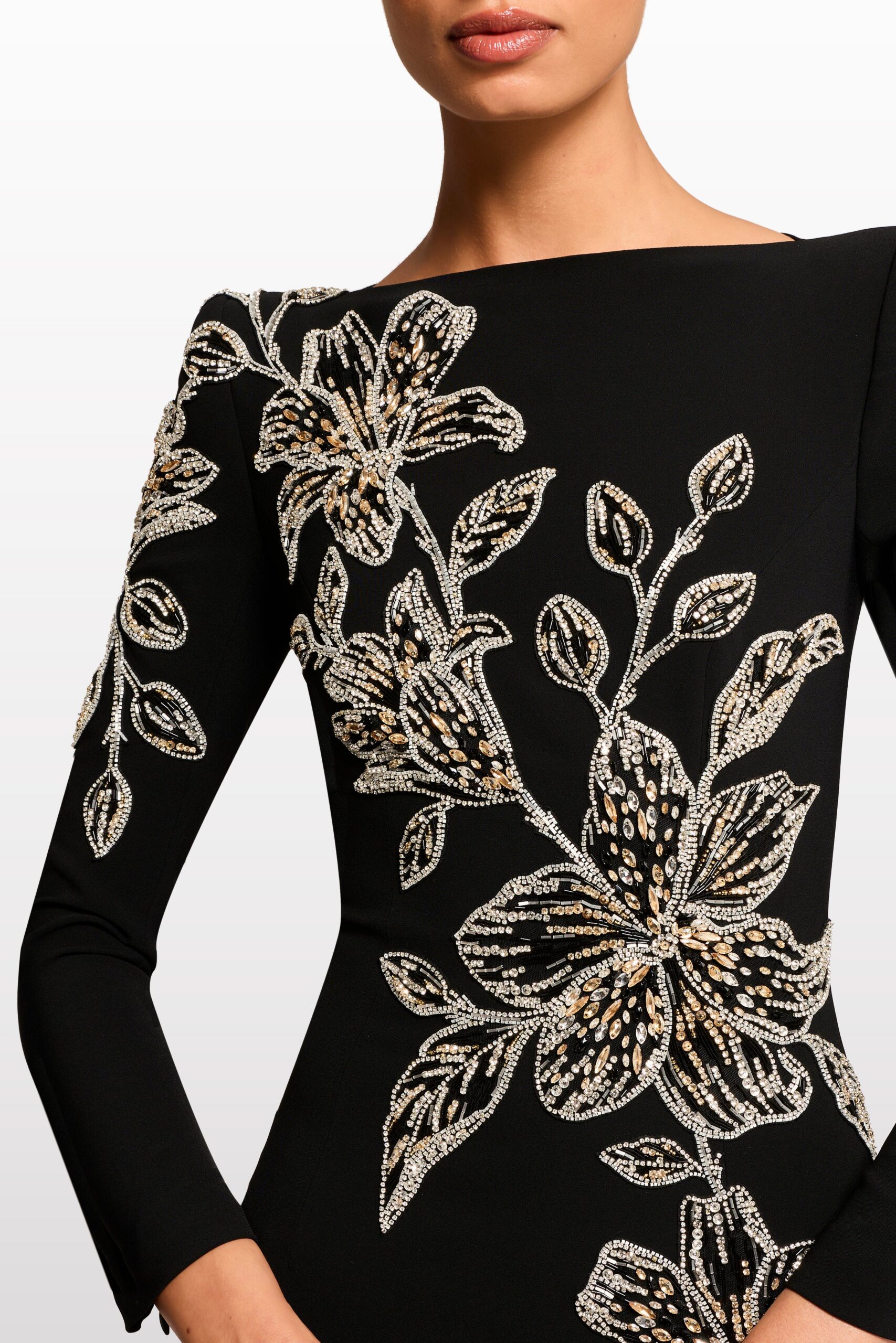 RHINESTONE ORCHID MAXI DRESS, BLACK, FORMAL