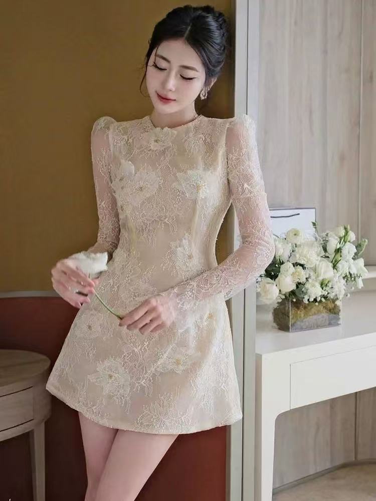 SHEER LACE FLORAL APPLIQUE MINI DRESS, LONG SLEEVE, BEIGE