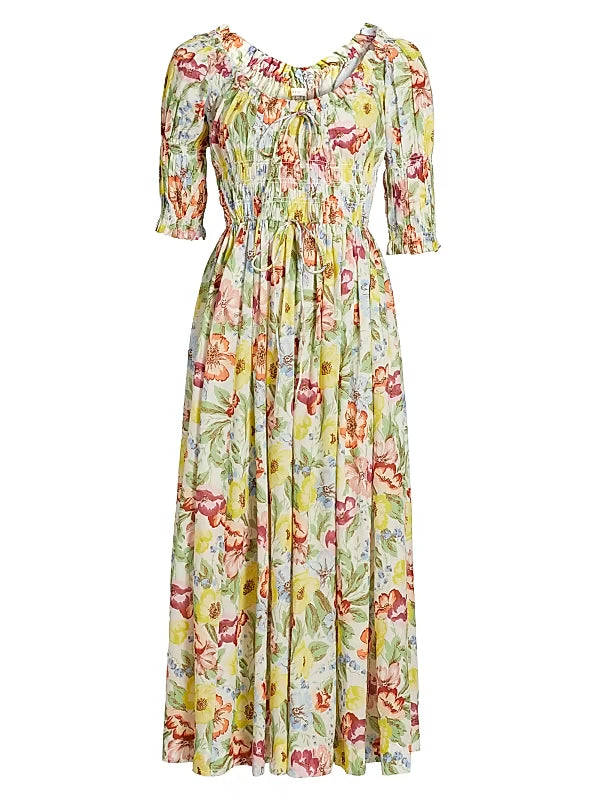 TOBEY ISCHIA FLORAL SMOCKED MIDI DRESS