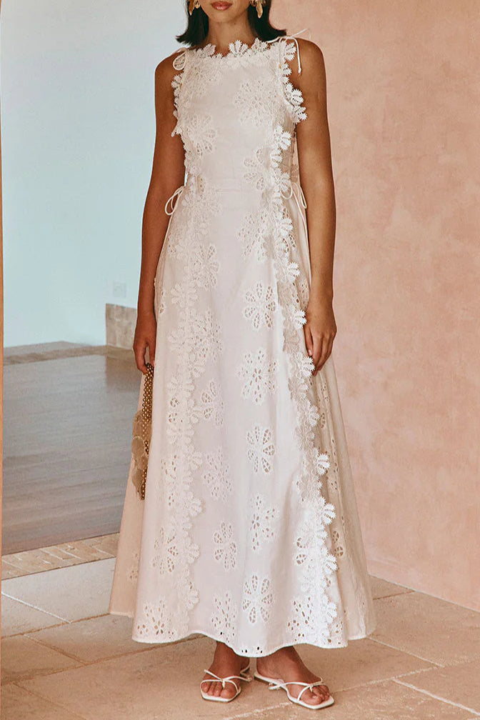 b9757408-821c-4e0f-bc82-4d77c5b9e04f LACE MIDI DRESS: EMBROIDERED HOLLOW WHITE WEDDING