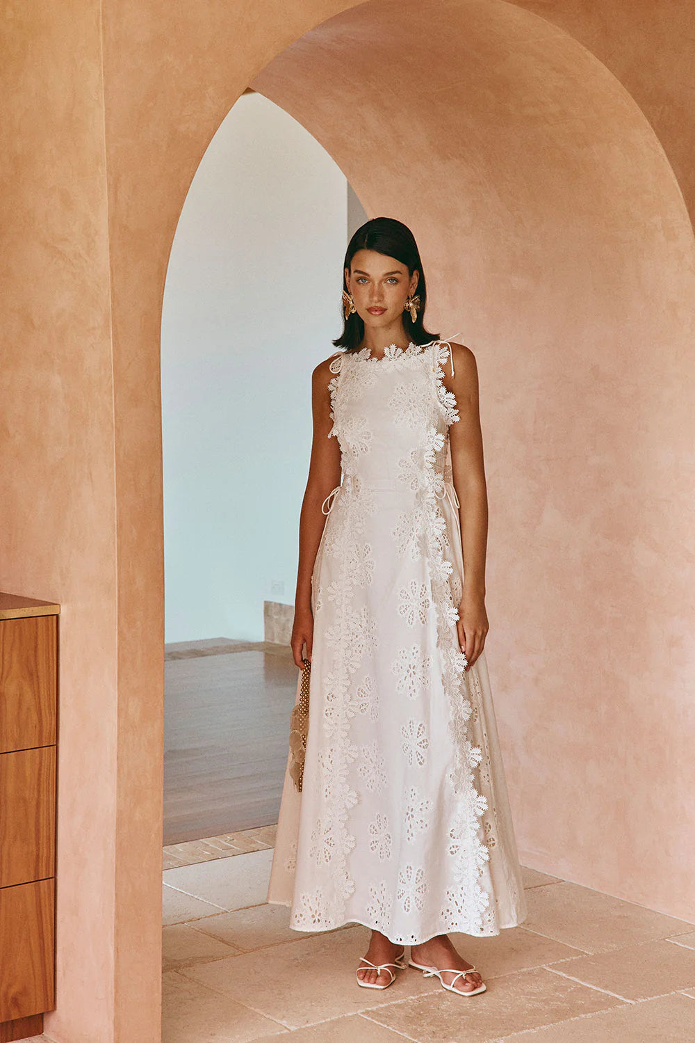 LACE MIDI DRESS: EMBROIDERED HOLLOW WHITE WEDDING