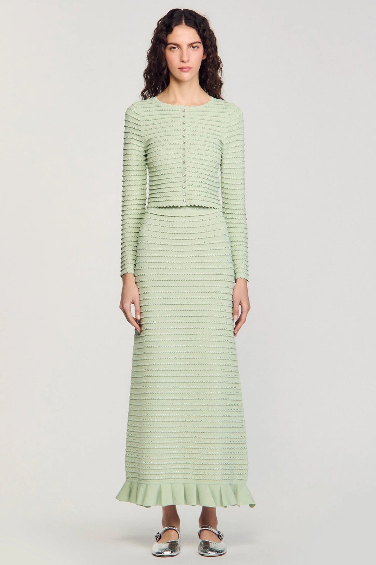 RHINESTONE KNIT MAXI SKIRT ALMOND GREEN PARTY