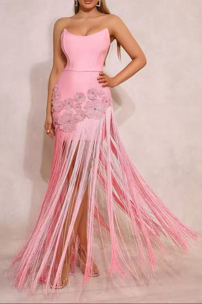 EZGI CHIC CONTOUR STRAPLESS FLORAL FRINGE BANDAGE MAXI DRESS