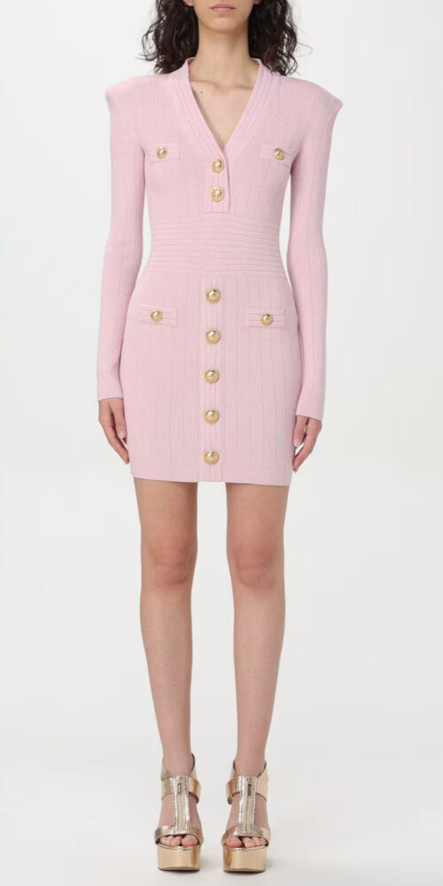 v-neck Metal button knitted mini dress in pink