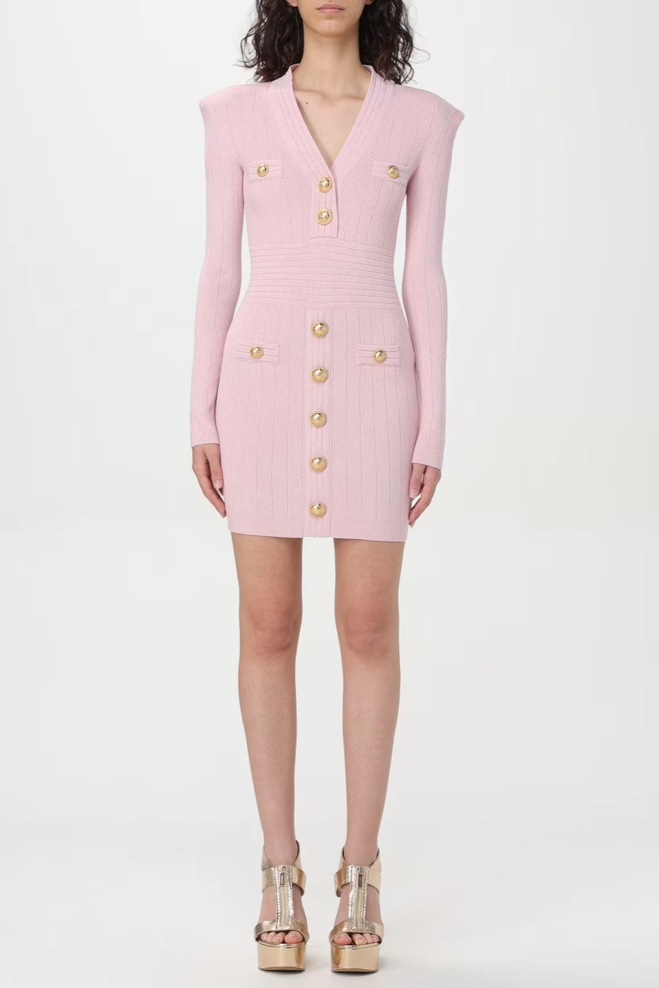 ba10bfe8-d757-43d5-993c-81f921561a2d V-NECK KNIT MINI DRESS WITH METAL BUTTONS PINK