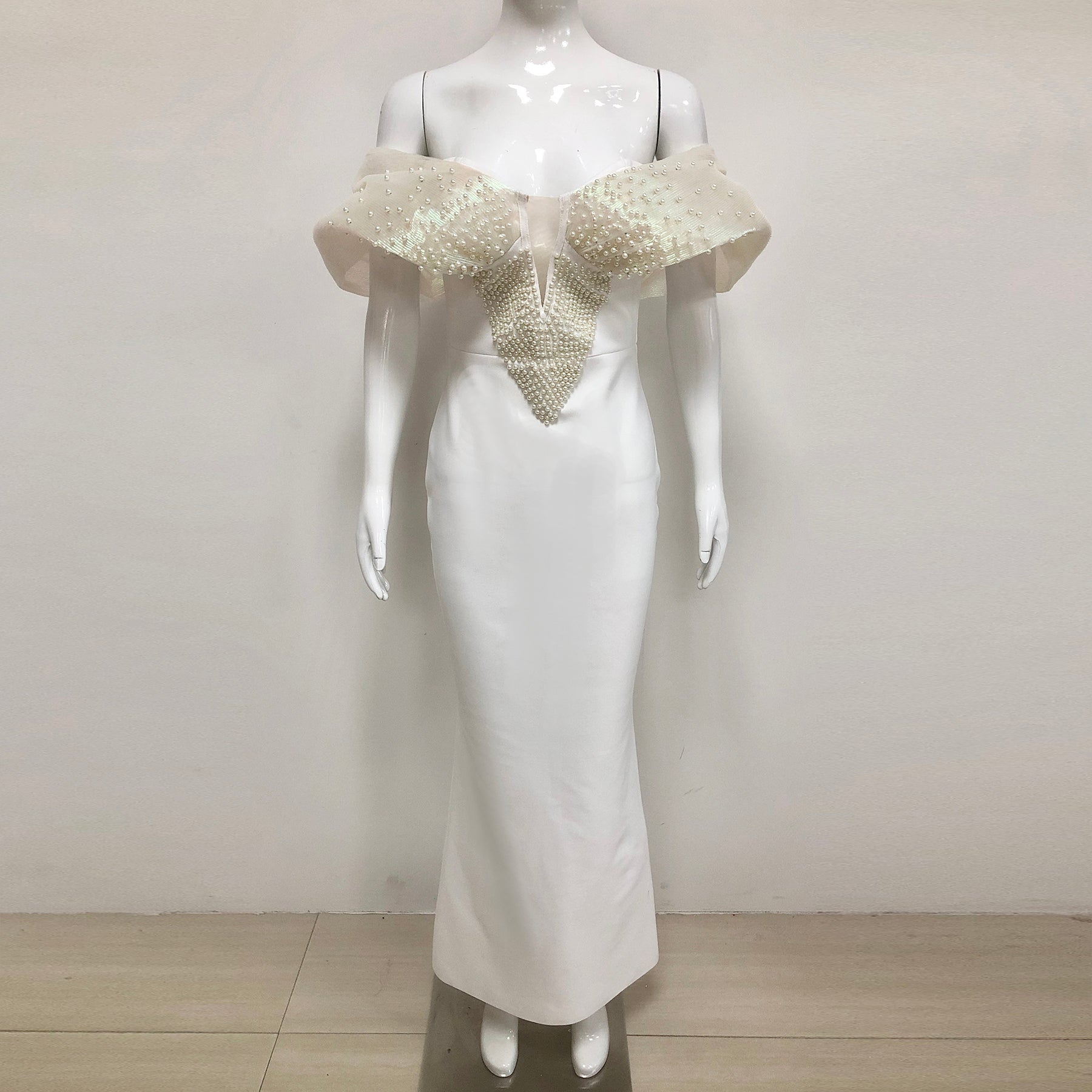 OFF-SHOULDER PEARL BODYCON MAXI DRESS WHITE