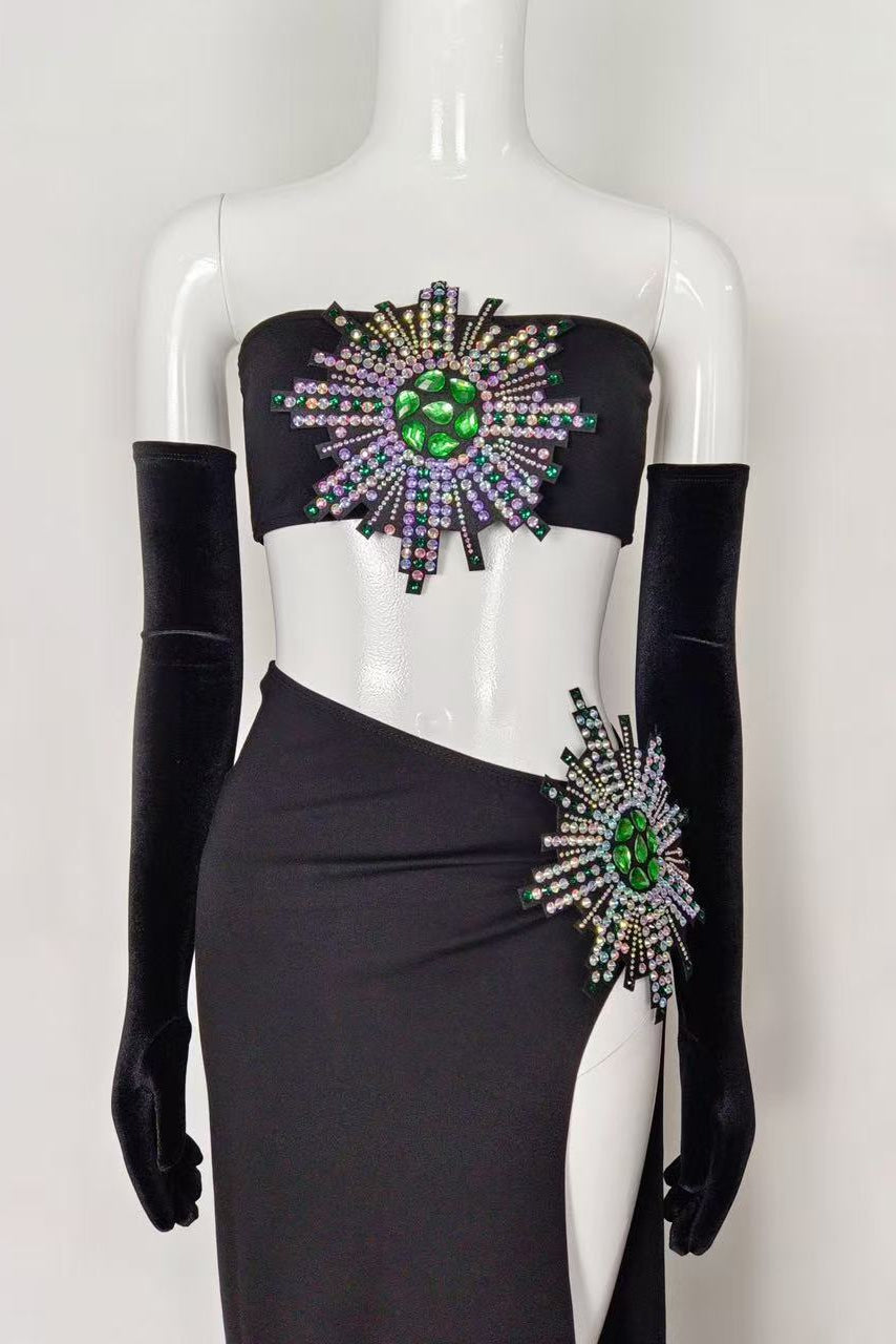 ba74e7153e5f8c583586e033e40a4a63 RHINESTONE SPLIT SKIRT SET W/ GLOVES, PARTY OCCASION