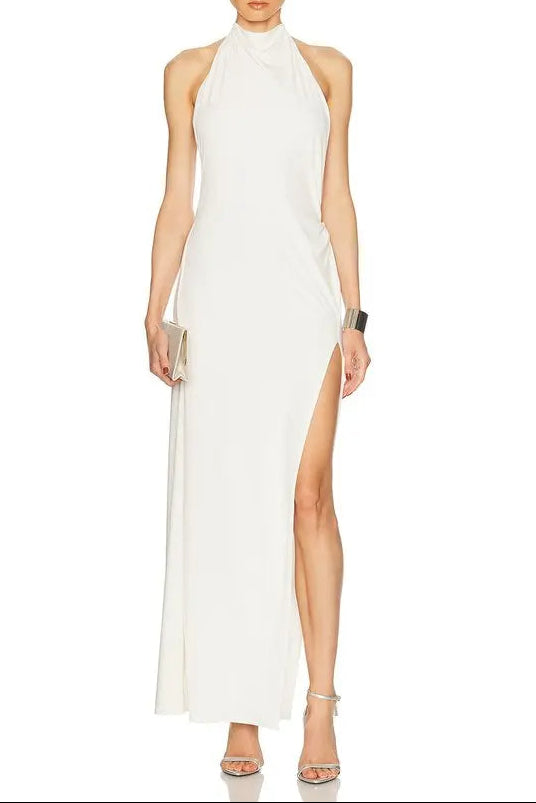 SHARON HALTER BACKLESS MAXI DRESS, WHITE WEDDING SLIT