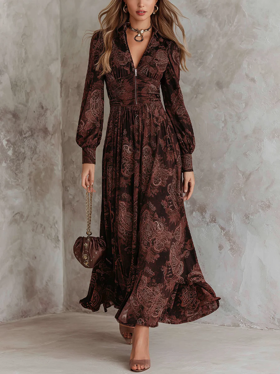 bac4a69b-0c81-415c-8504-6190a240c3aa BROWN PAISLEY ZIPPER WAIST MAXI DRESS