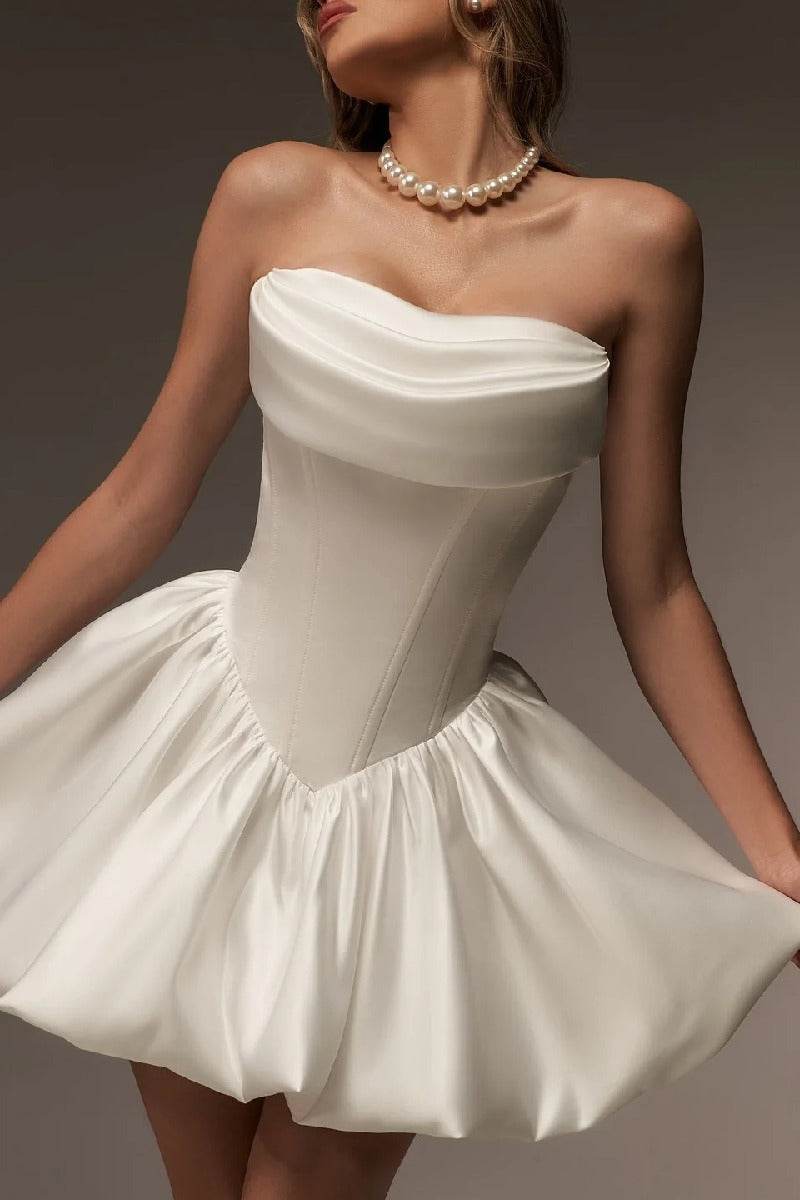 GLORIA WHITE A-LINE SATIN STRAPLESS MINI DRESS