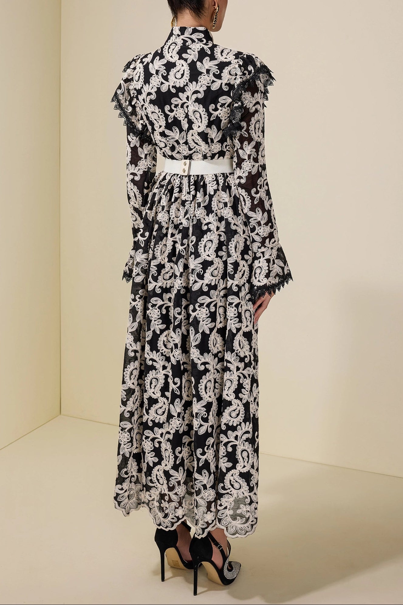 ALMA EMBROIDERED MIDI DRESS, BLACK, SINGLE BREASTED