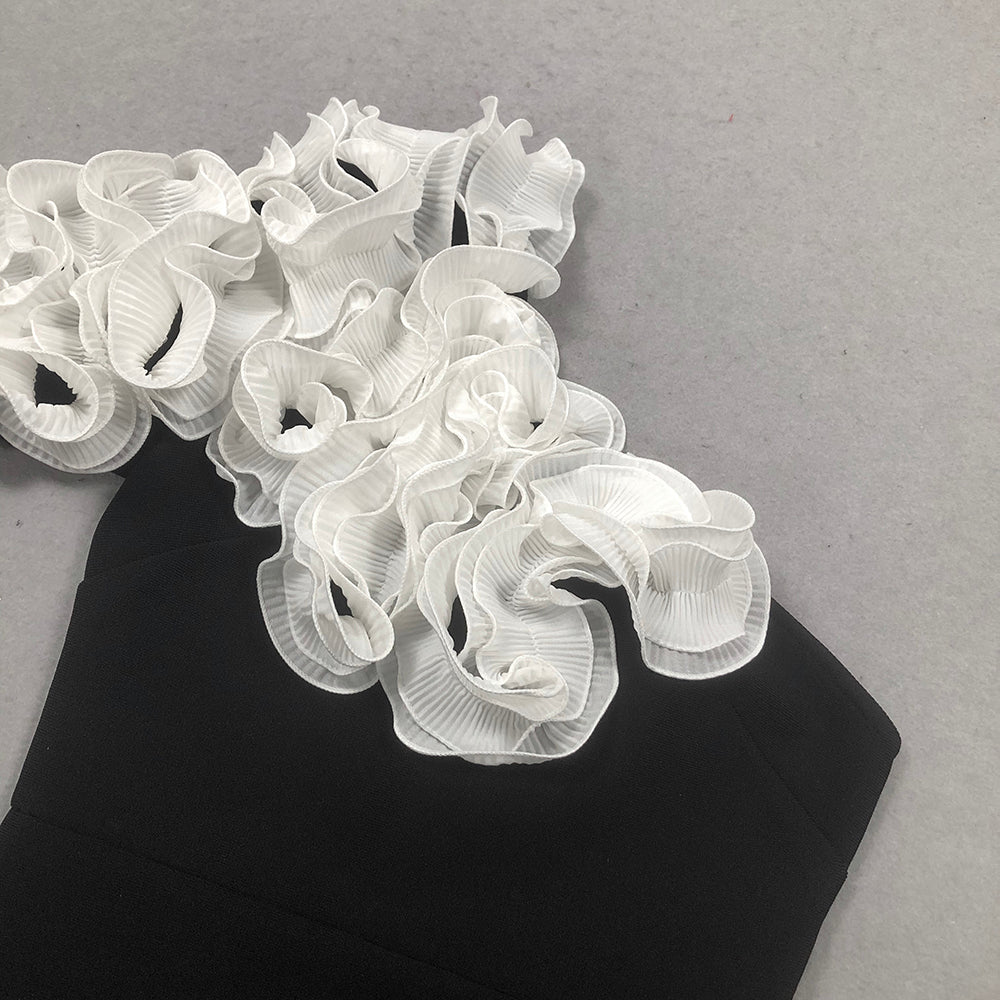 WHITE FLOWER BLACK STRAPLESS MIDI DRESS, EVENING
