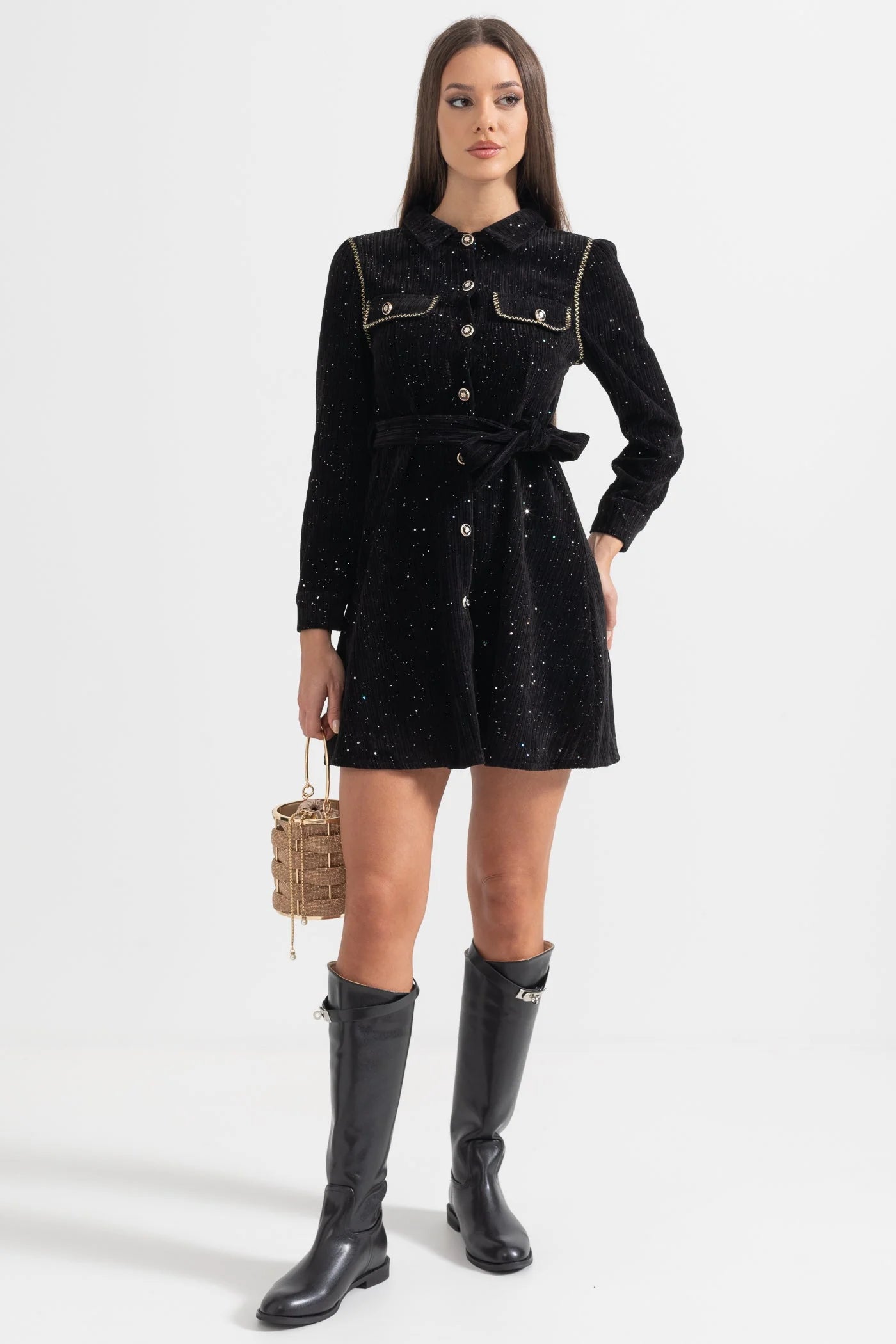 VENUS BLACK RIBBED BODYCON DRESS WITH CONTRAST STITCHING