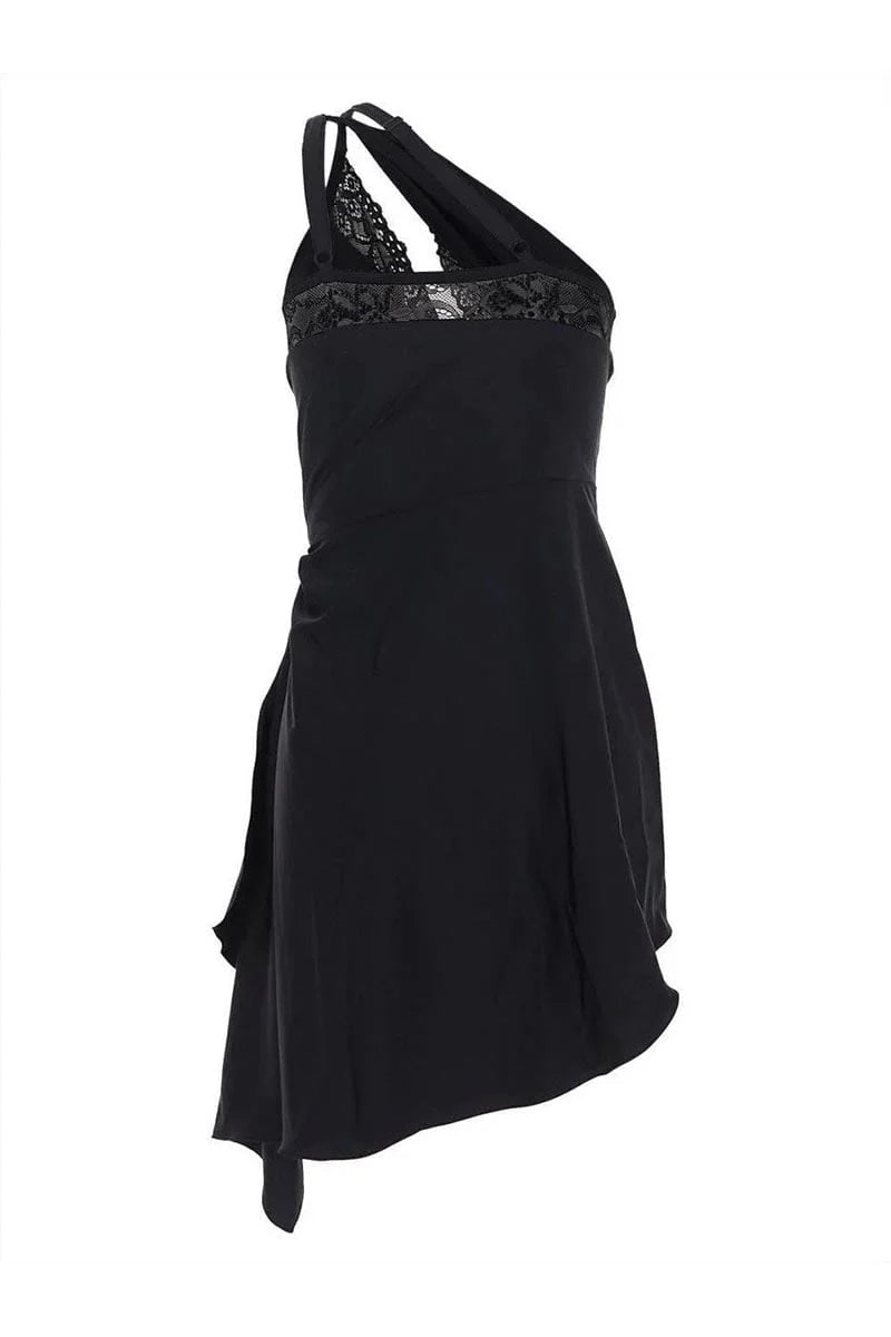 ONE-SHOULDER LACE HOLLOW MINI DRESS BLACK