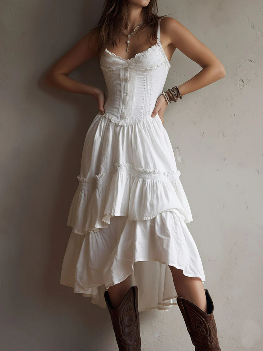 CORSET LACE TIERED MIDI DRESS, ROMANTIC PARTY
