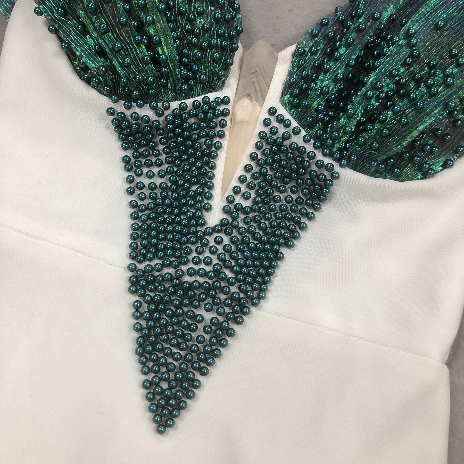 OFF-SHOULDER PEARL BODYCON MAXI DRESS GREEN