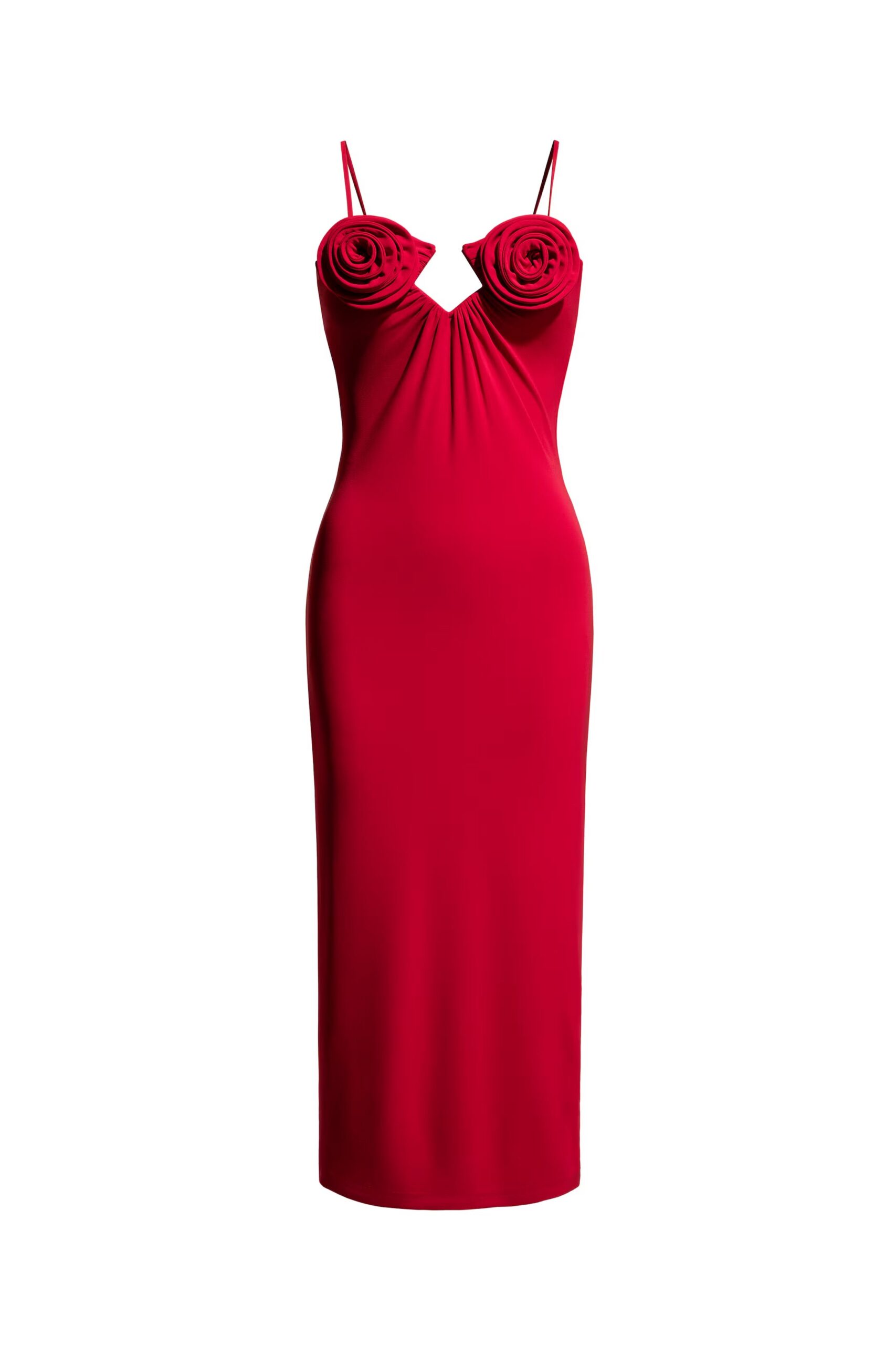 ROSE APPLIQUÉ STRAPLESS RED MAXI DRESS