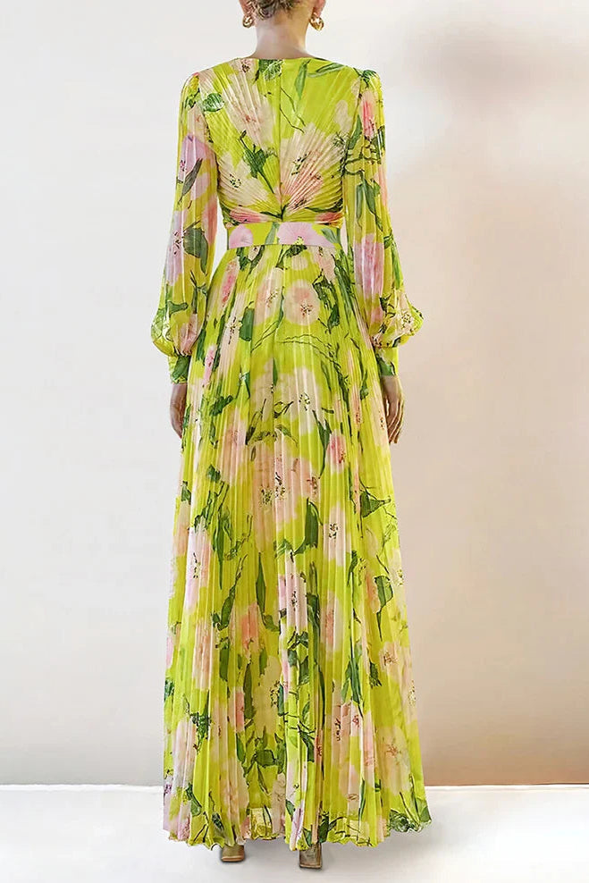 V-NECK SILK PRINTED PLEATED MAXI YELLOW DRESS