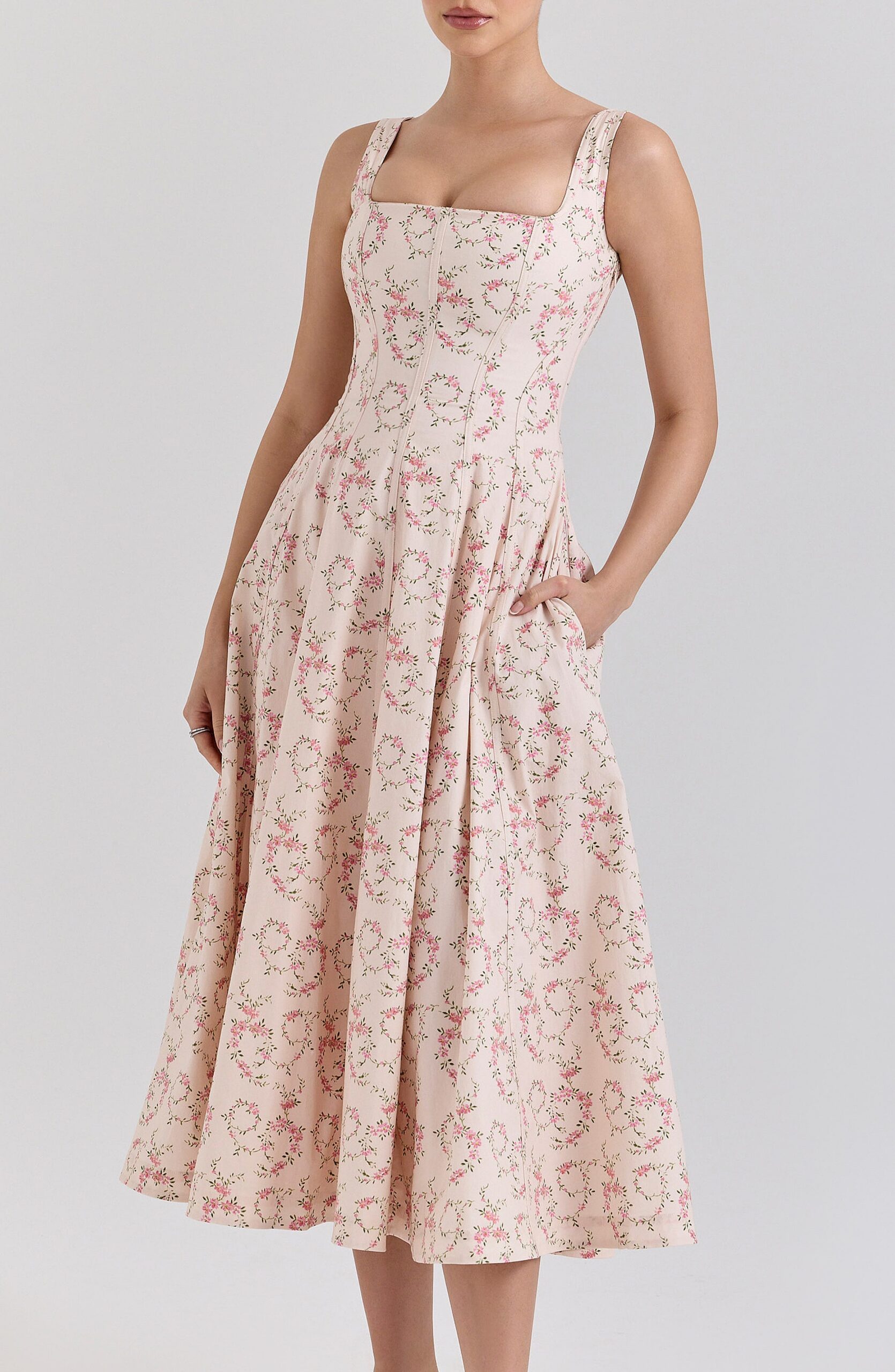 GEMMA FLORAL LACE-UP MIDI DRESS, CREAM COTTON