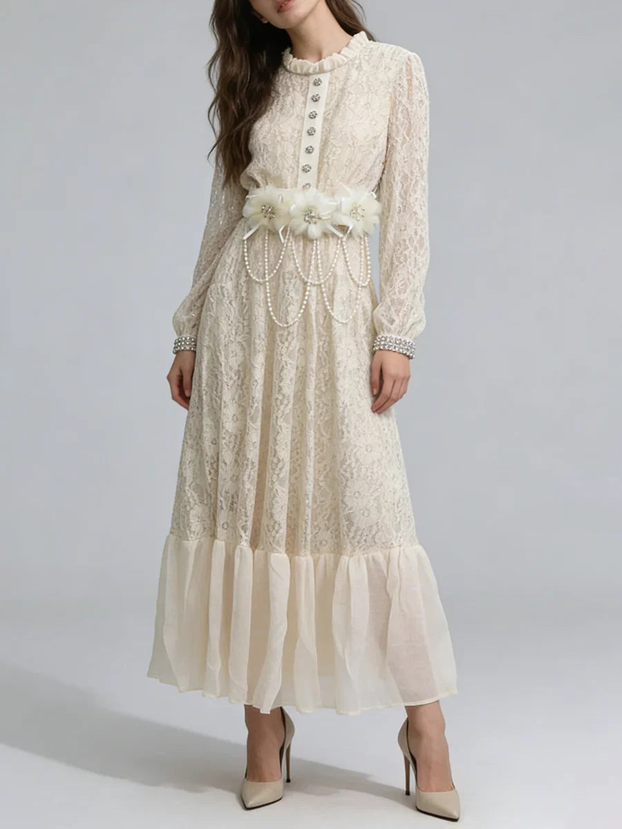 3D FLORAL TULLE LACE MAXI DRESS WHITE