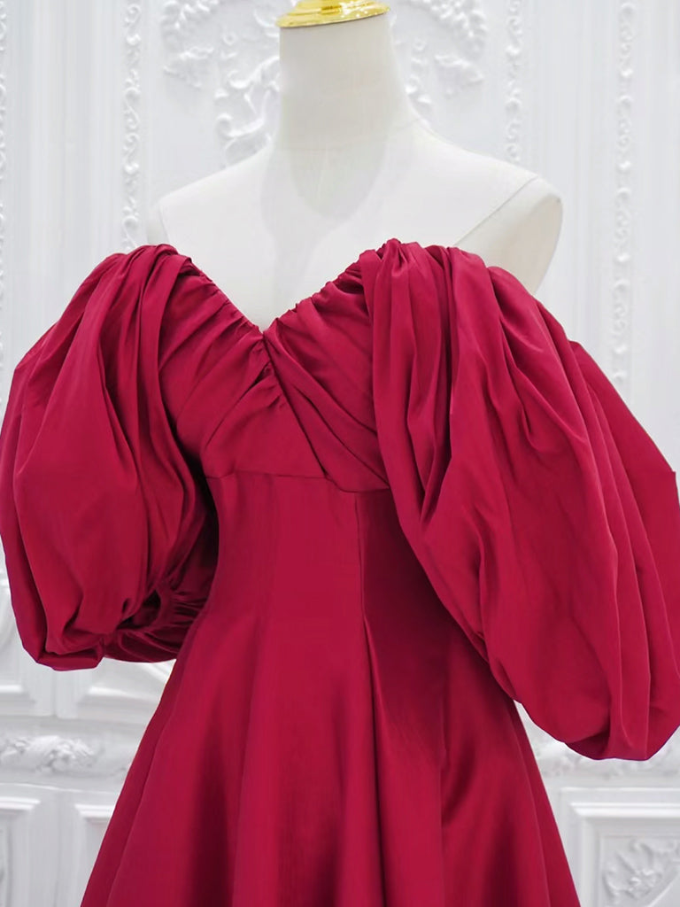 RED PUFF SLEEVE SATIN DRESS FOR PARTY