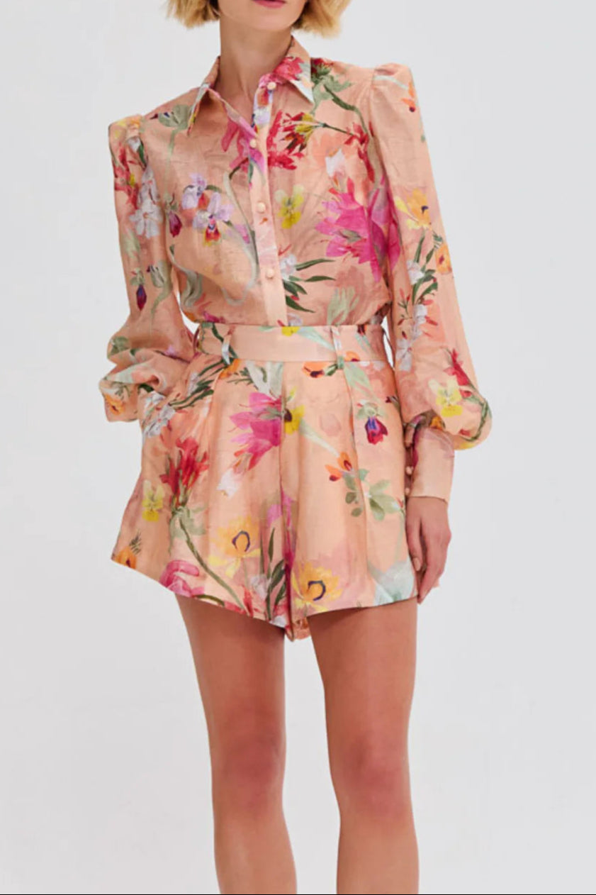 bcf993f0-067c-459c-902d-d8f7a58aca92 ORANGE FLORAL PRINT SHIRT SHORTS SET