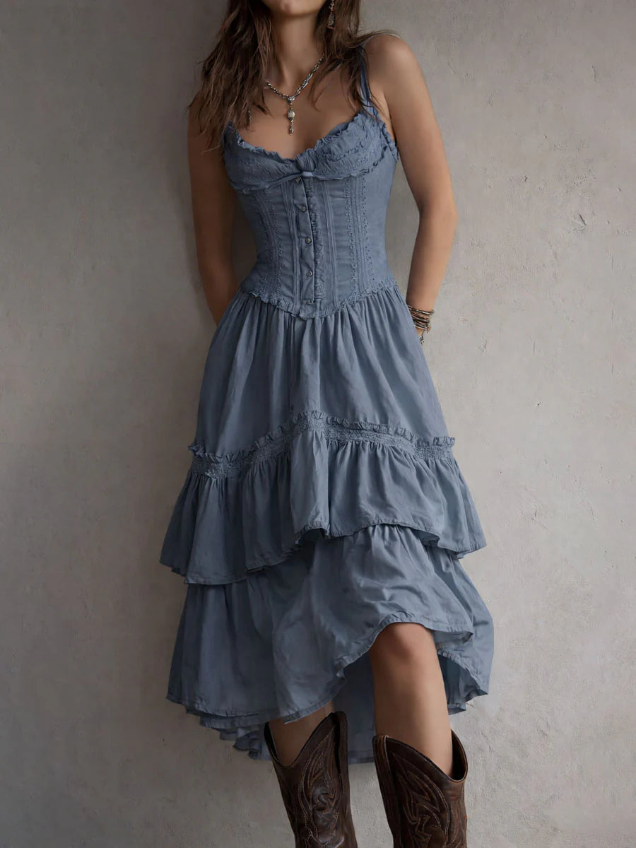 CORSET LACE TIERED MIDI DRESS, ROMANTIC PARTY