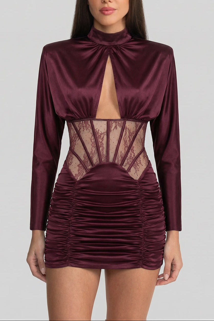 SATIN LACE CORSET MINI DRESS – BURGUNDY COCKTAIL