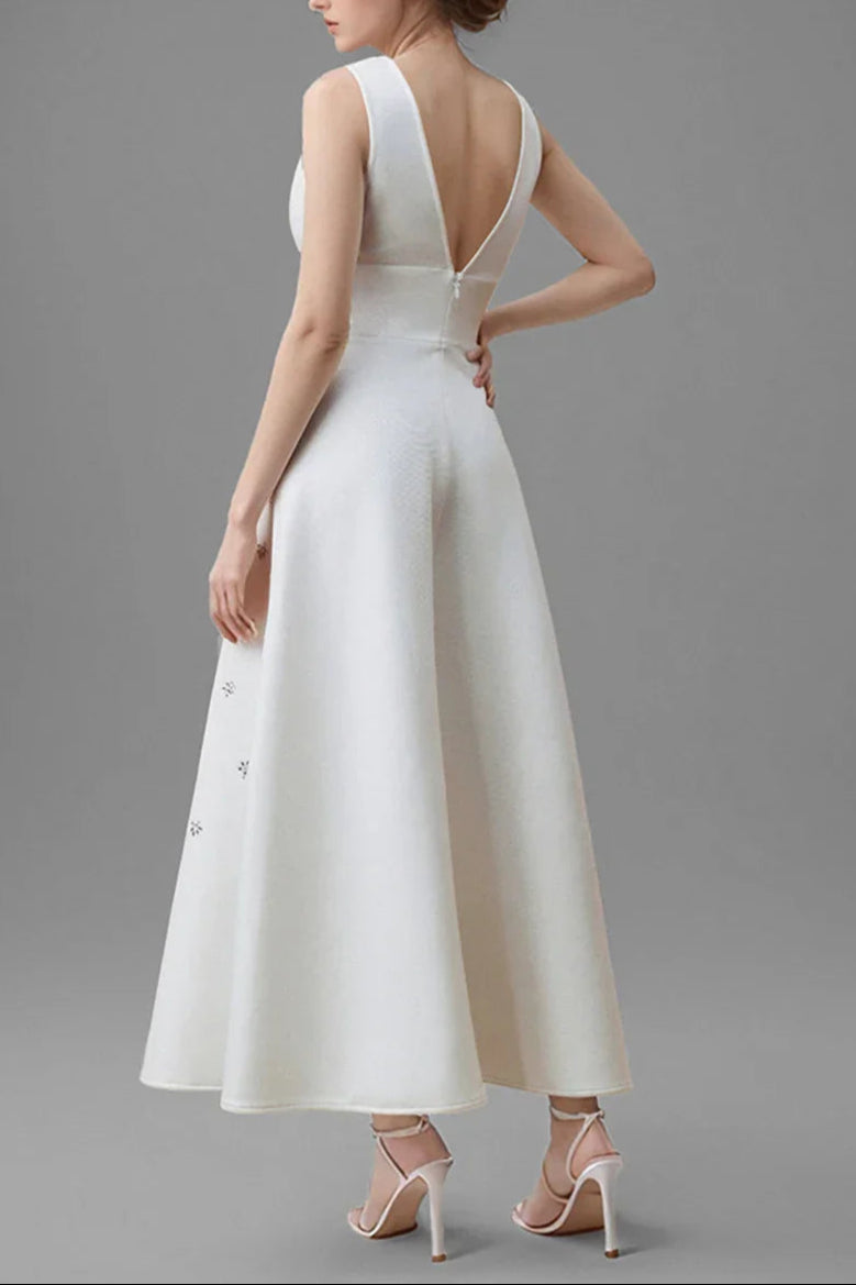 LILY WHITE V-NECK MIDI DRESS FOR WEDDING GUEST