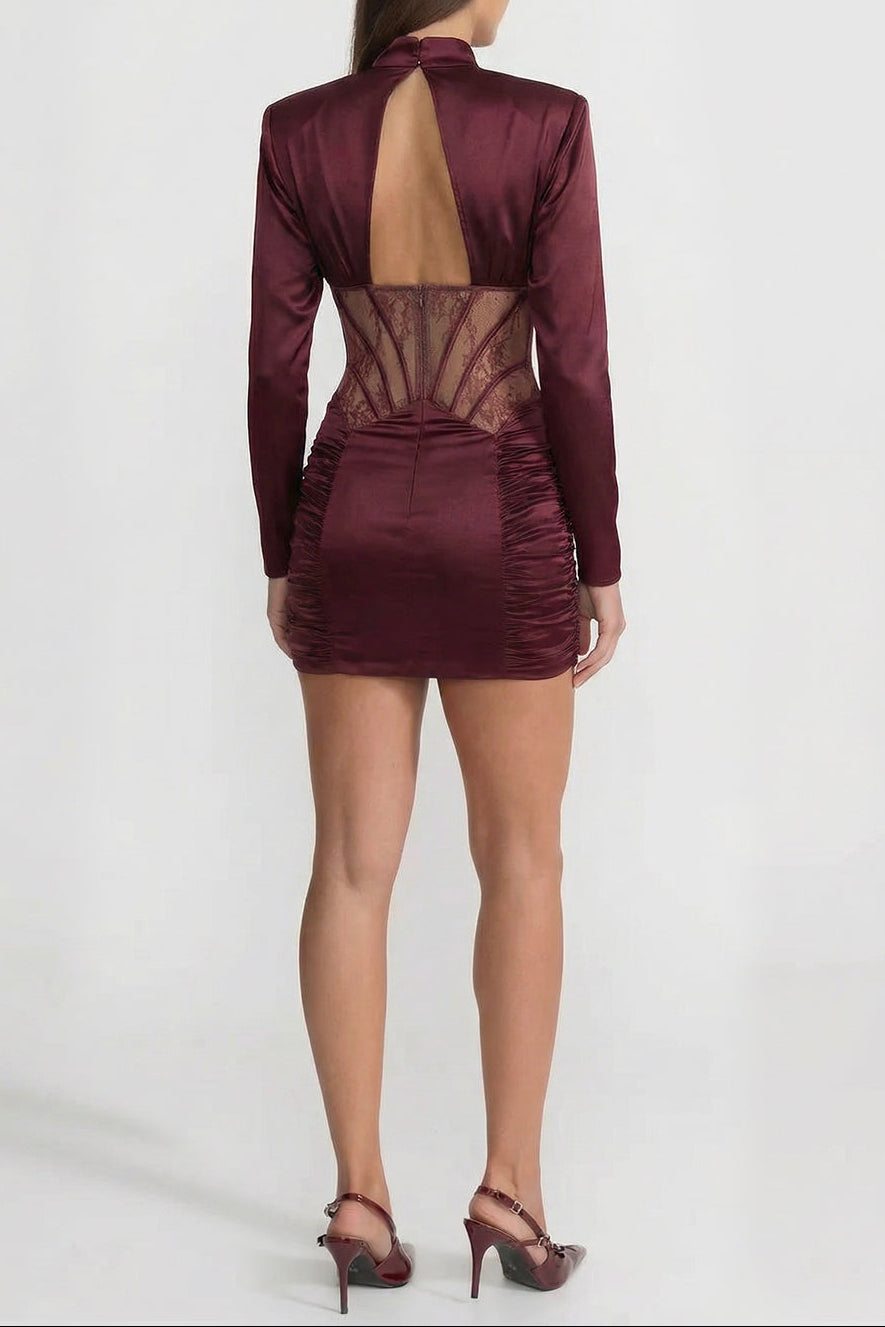 SATIN LACE CORSET MINI DRESS – BURGUNDY COCKTAIL