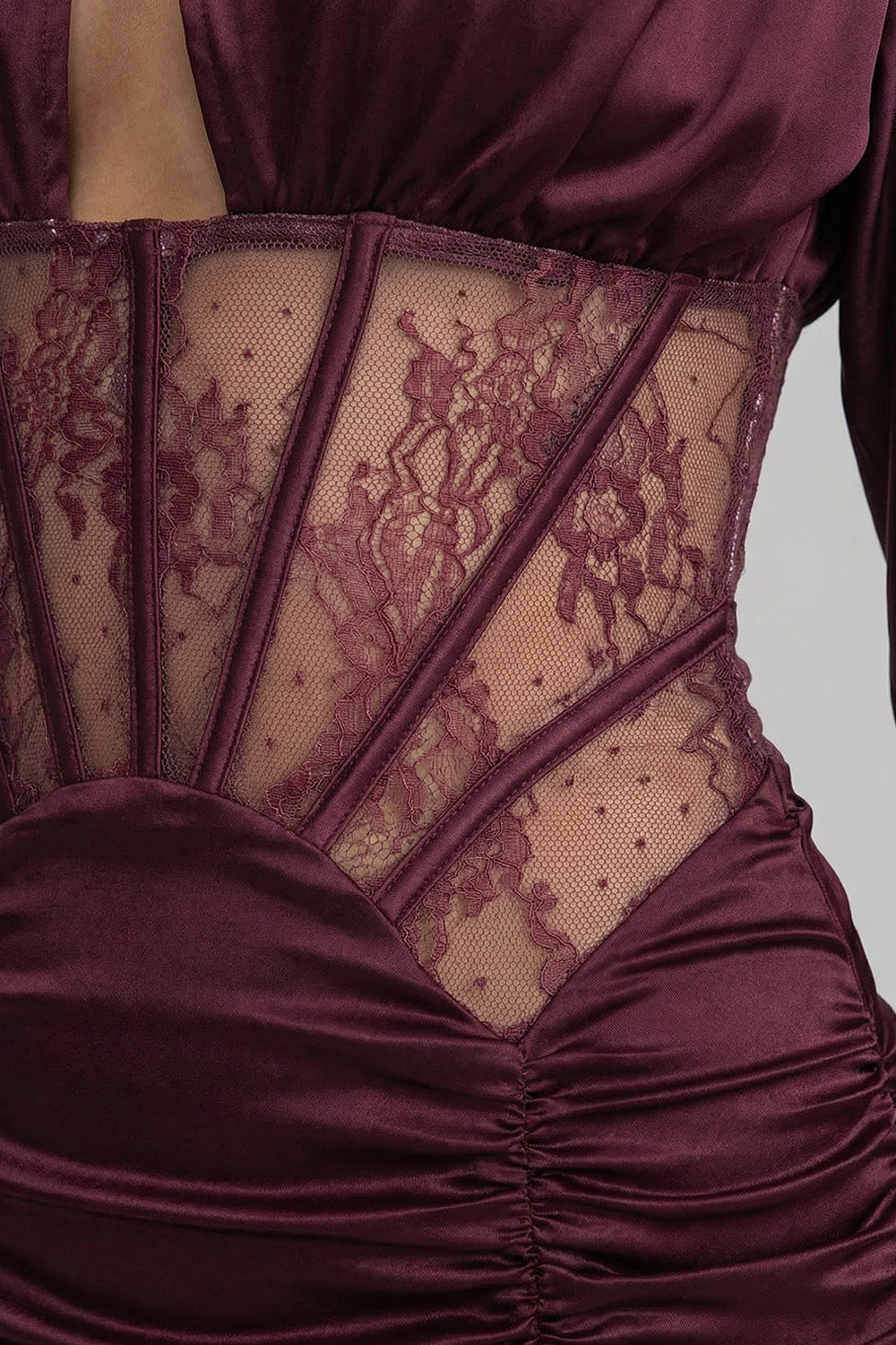 SATIN LACE CORSET MINI DRESS – BURGUNDY COCKTAIL