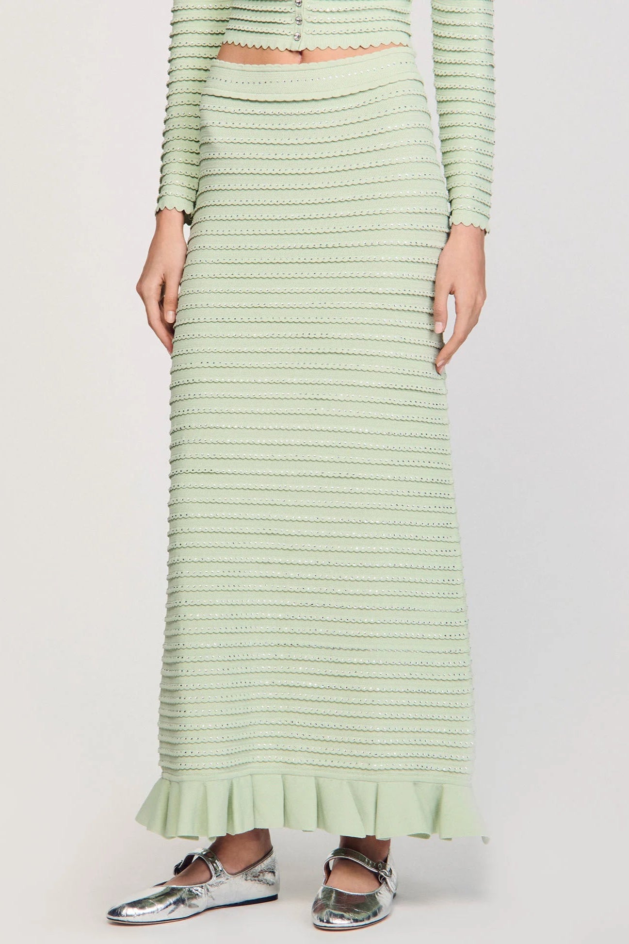 RHINESTONE KNIT MAXI SKIRT ALMOND GREEN PARTY