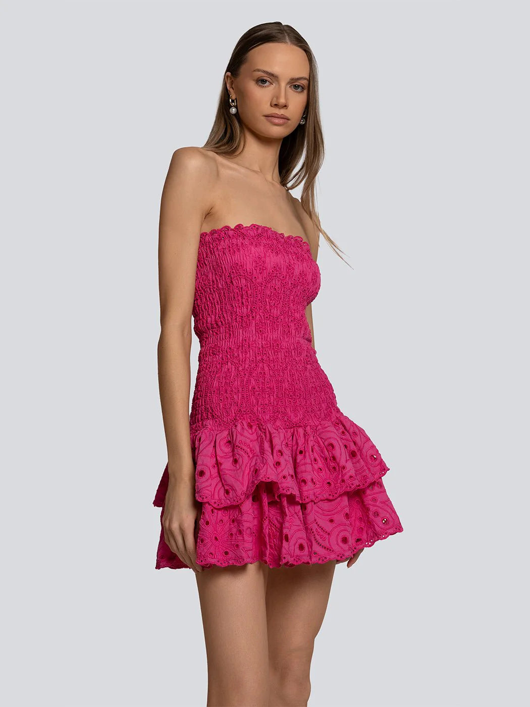 FUCHSIA EYELET STRAPLESS LAYERED MINI DRESS