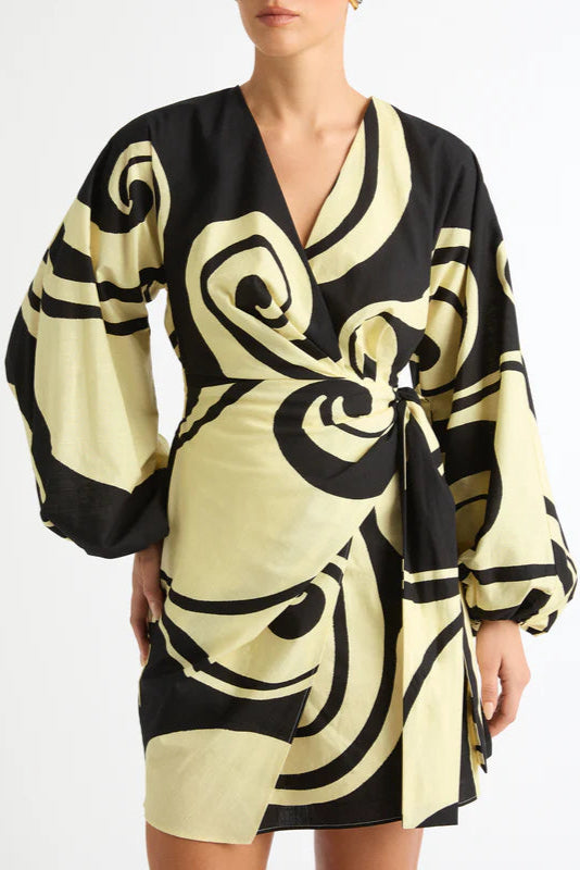 OCEANIC SWIRL PUFF SLEEVE V-NECK MINI DRESS