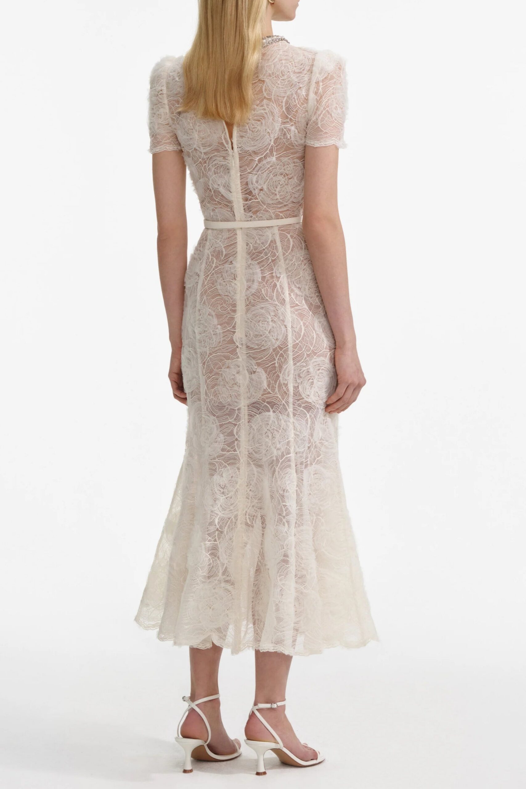 TULLE LACE MIDI DRESS WITH DIAMANTE BEIGE