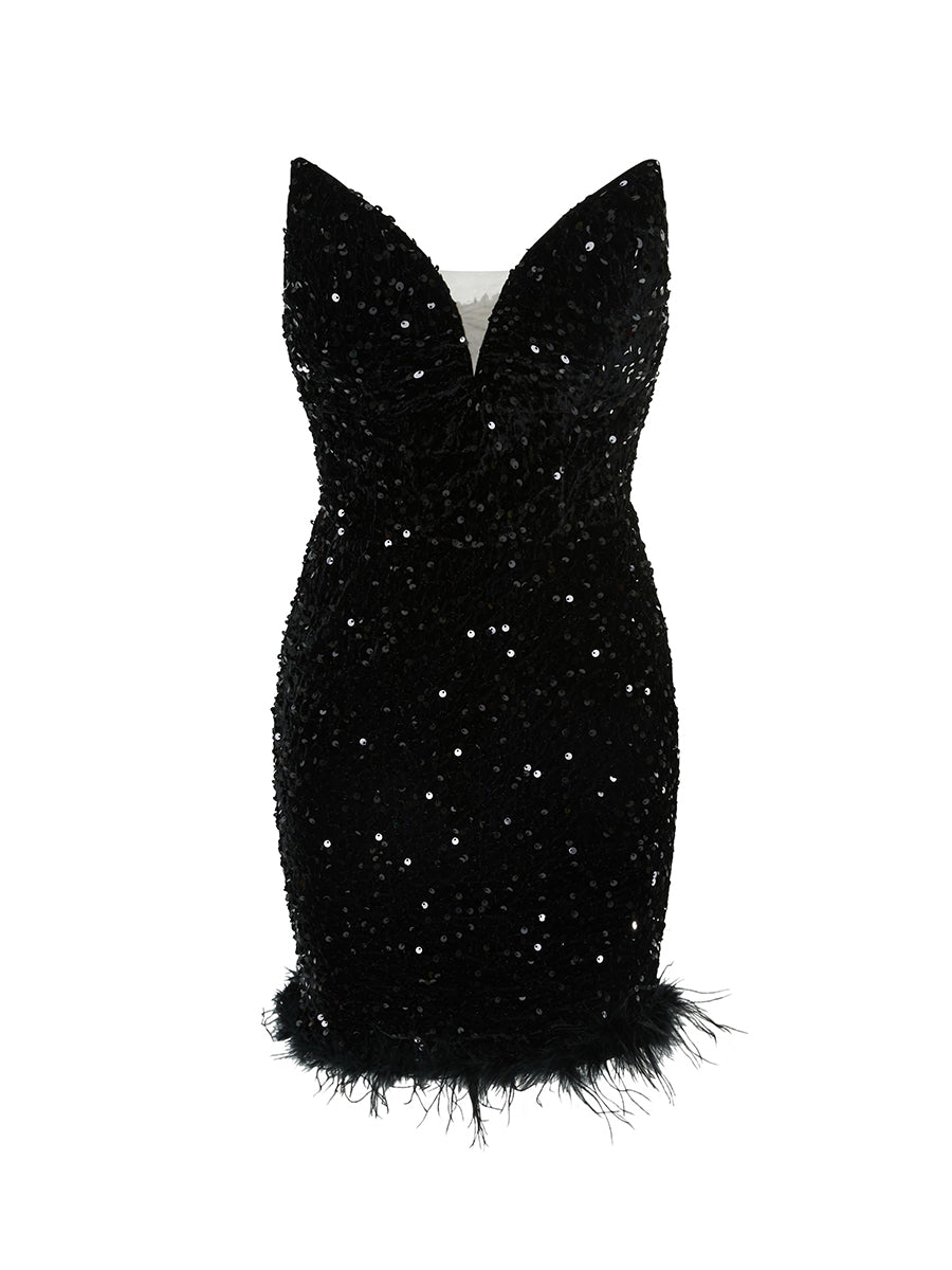 SLEEVELESS FEATHER WHITE MINI DRESS FOR PARTY