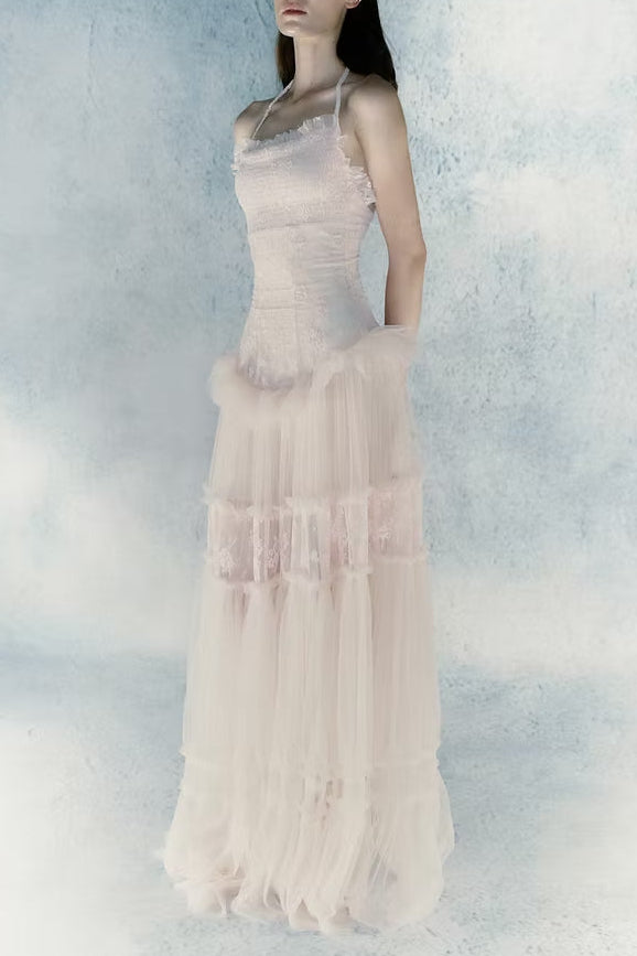 PINK LACE SPLICE MAXI DRESS FOR WEDDING GUEST