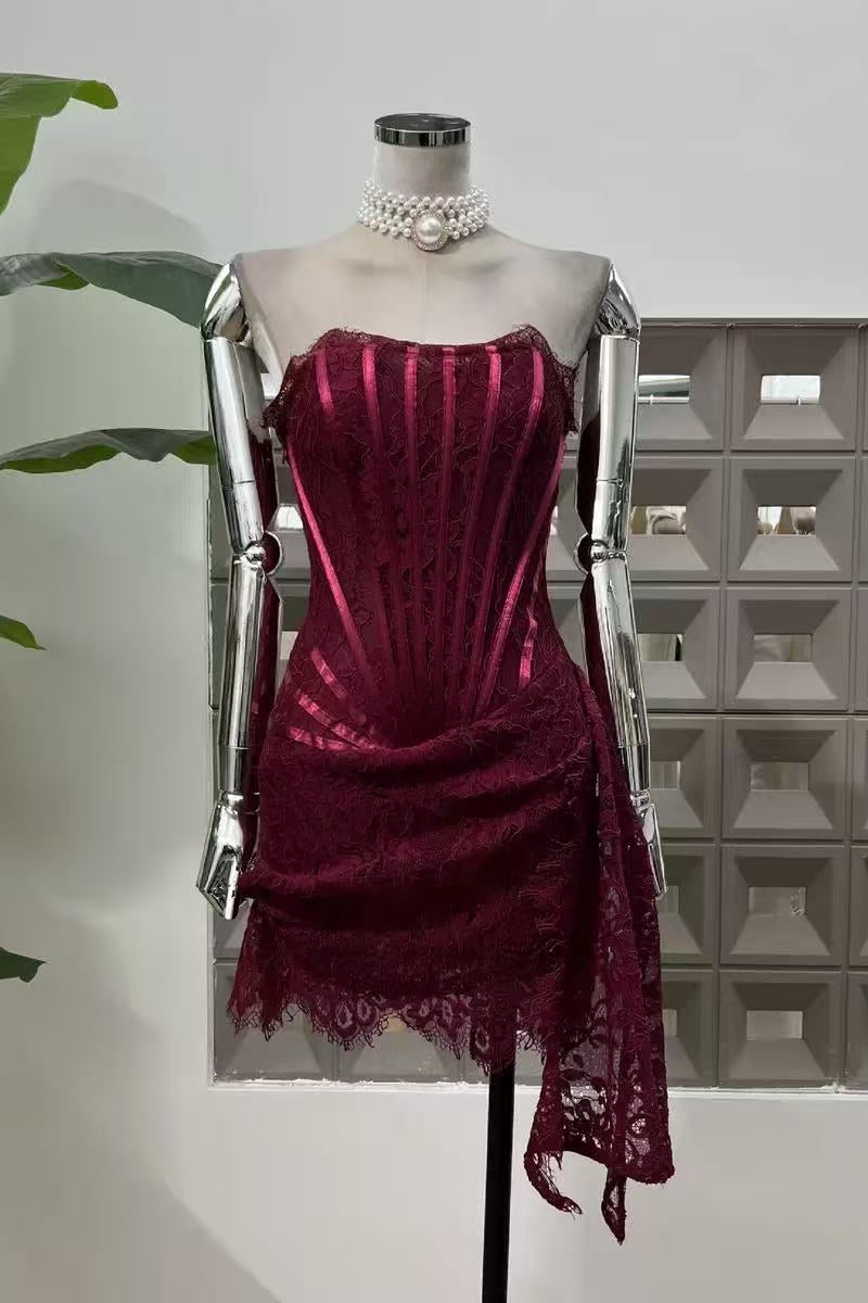 BURGUNDY LACE BUSTIER MINI DRESS FOR COCKTAIL PARTY