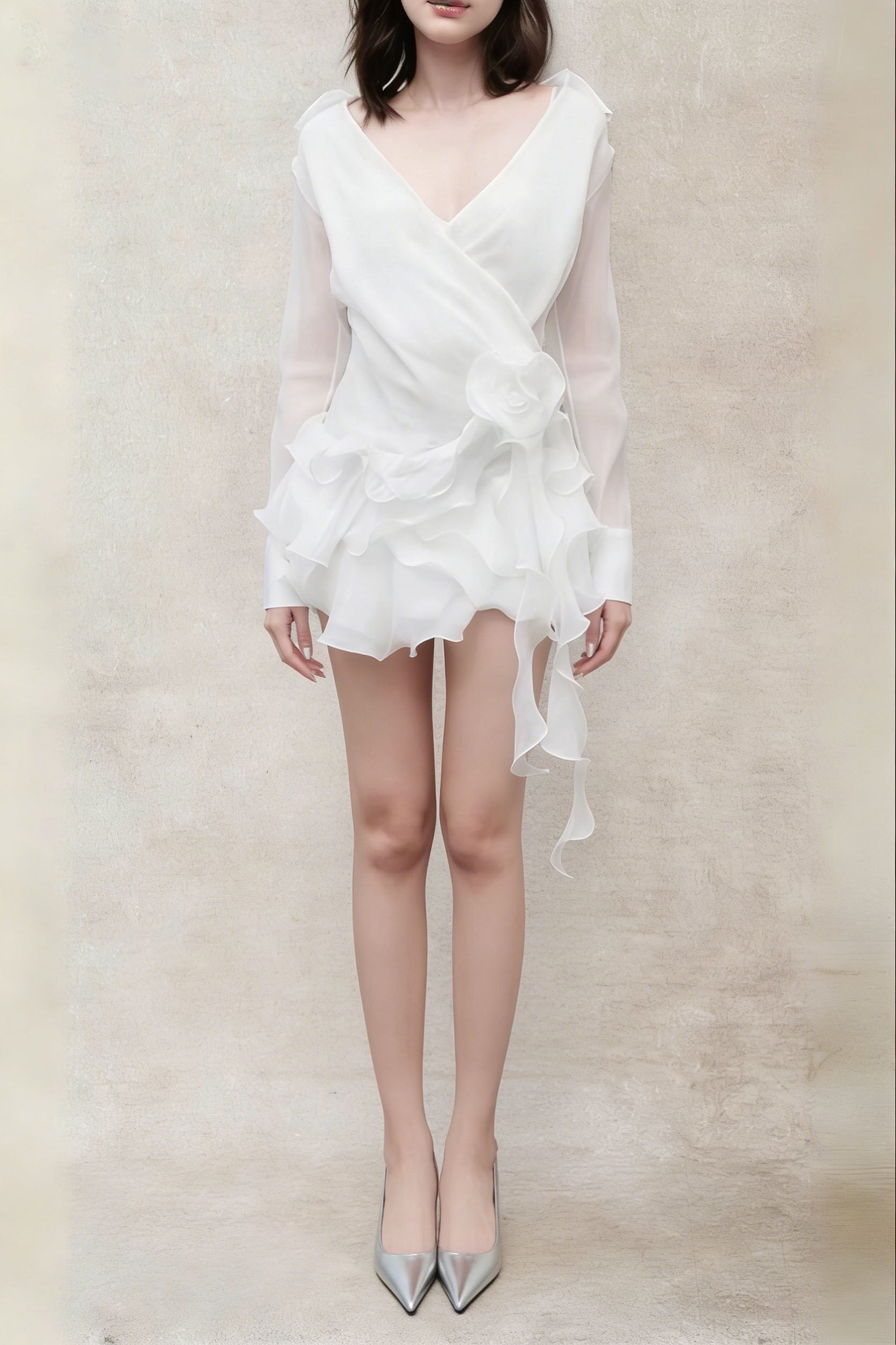 FLOWER RUFFLE RIBBON WHITE MINI DRESS
