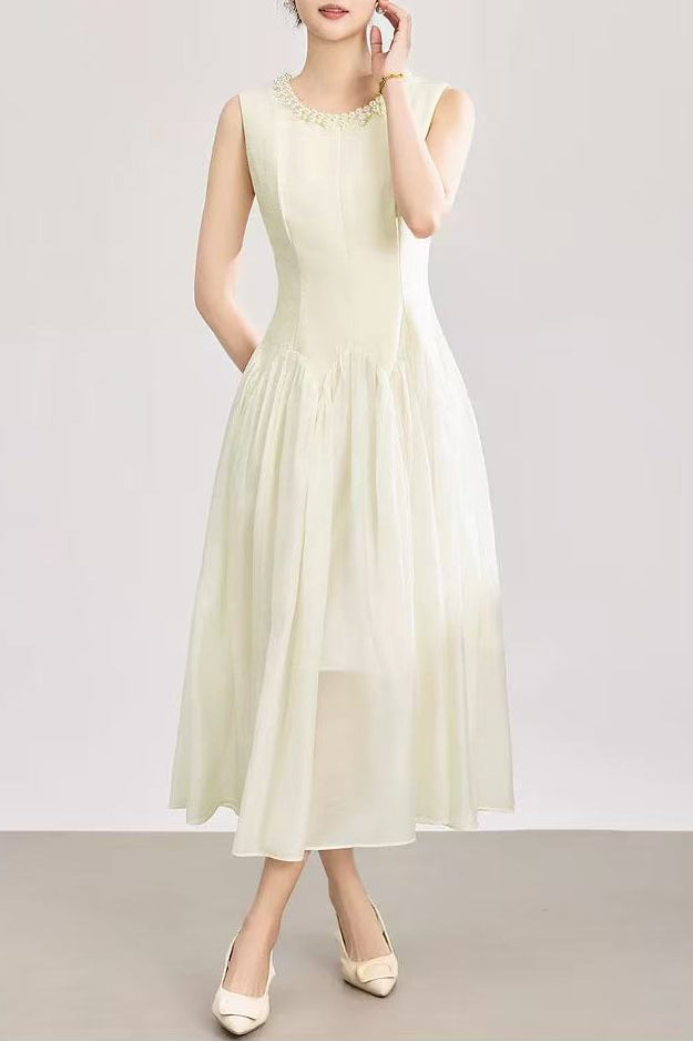 bead1b06219401ed92420337408793aa SLEEVELESS IVOIRE MIDI DRESS, TULLE SKIRT, PEARL COLLAR