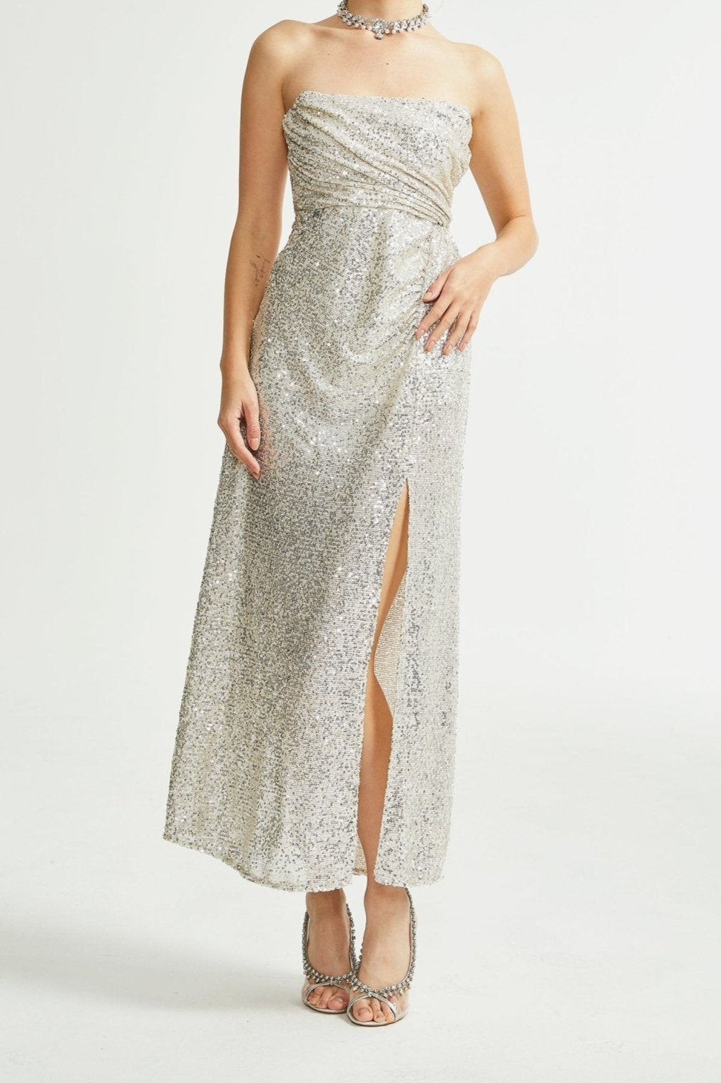 BEATRIX SILVER OFF-SHOULDER DRESS