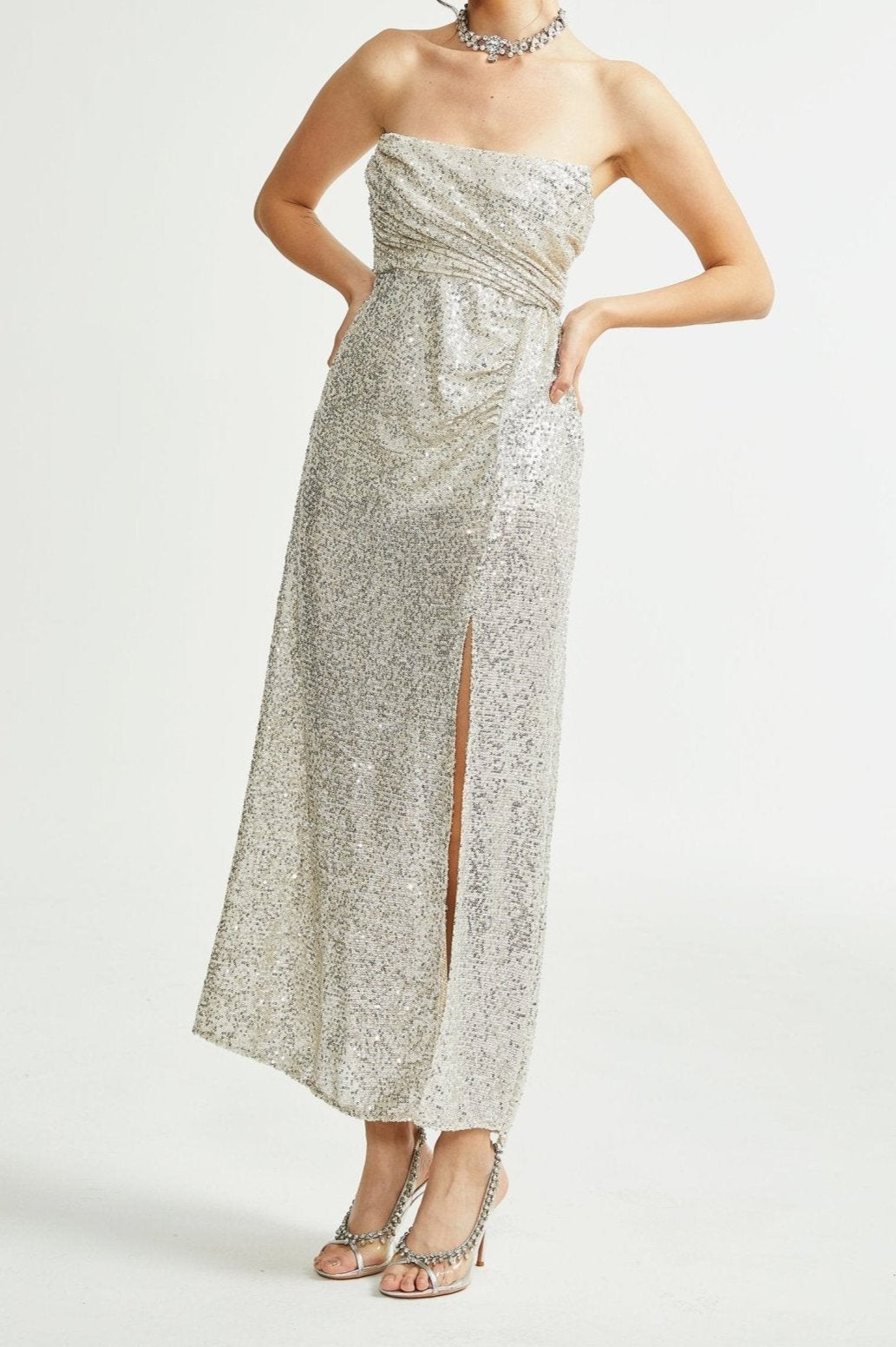 BEATRIX SILVER OFF-SHOULDER DRESS