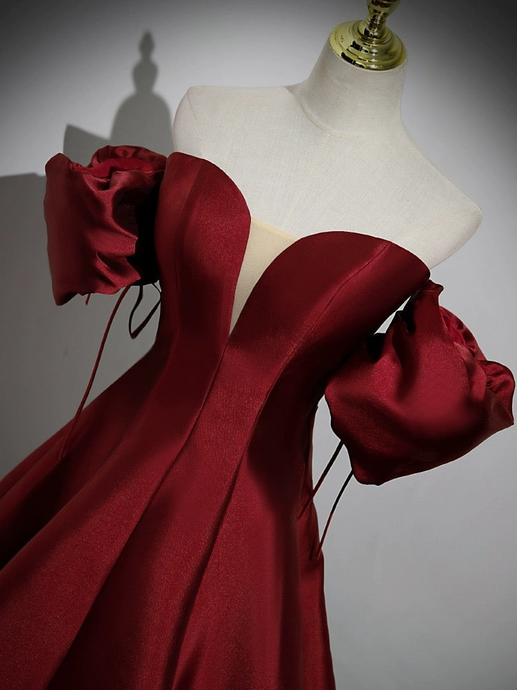 A-LINE PUFF SLEEVE SATIN BURGUNDY COCKTAIL DRESS