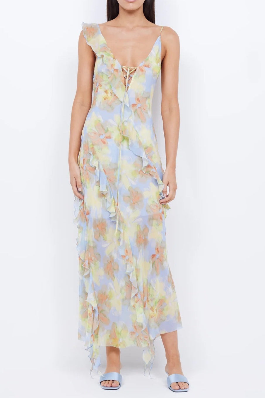 CECILIA BLUE CHIFFON RUFFLE MAXI DRESS FOR WEDDING