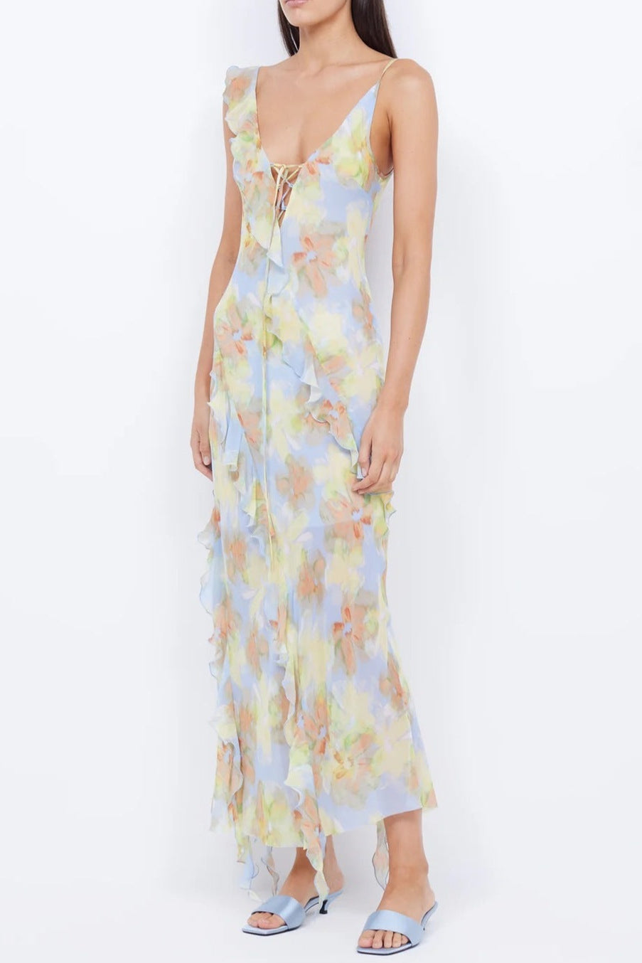 CECILIA BLUE CHIFFON RUFFLE MAXI DRESS FOR WEDDING